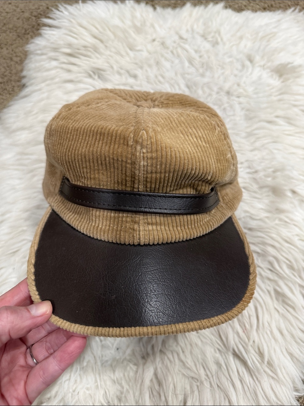 Vintage Tan Corduroy Hat Made In USA
Large Brown Faux Leather Strap Brim